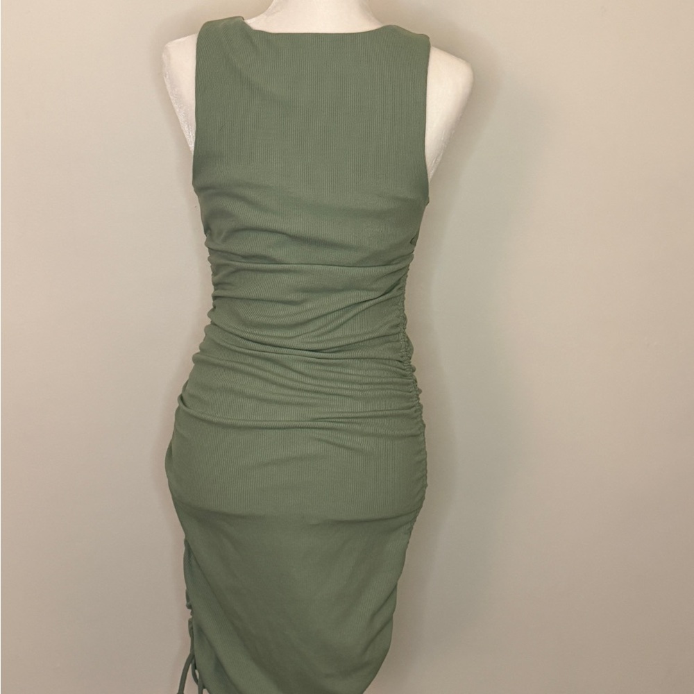 Lulu’s  Sage Green Ribbed Drawstring Ruched Bodycon Dress - Picture 3 of 6